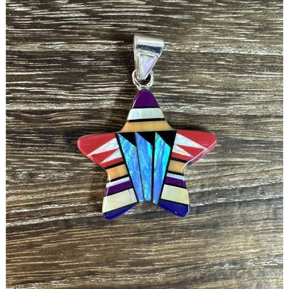 Native Navajo Sheryl Martinez Sterling Silver MultiStone Inlay Star Pendant